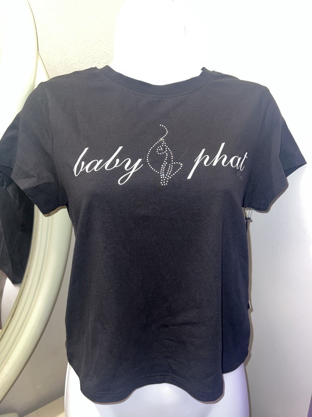 NWT Size Medium Baby Phat Y2K Rhinestone Cat Baby Tee Black Short Sleeve Shirt
